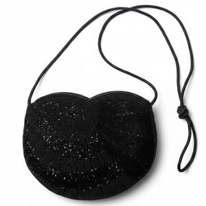 Vintage Black Beaded Heart Shaped Evening Crossbody Bag